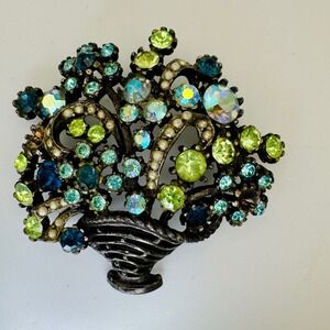 Signed Arthur Pepper Brooch Floral Aurora‎ Borealis Rhinestones Vintage Estate
